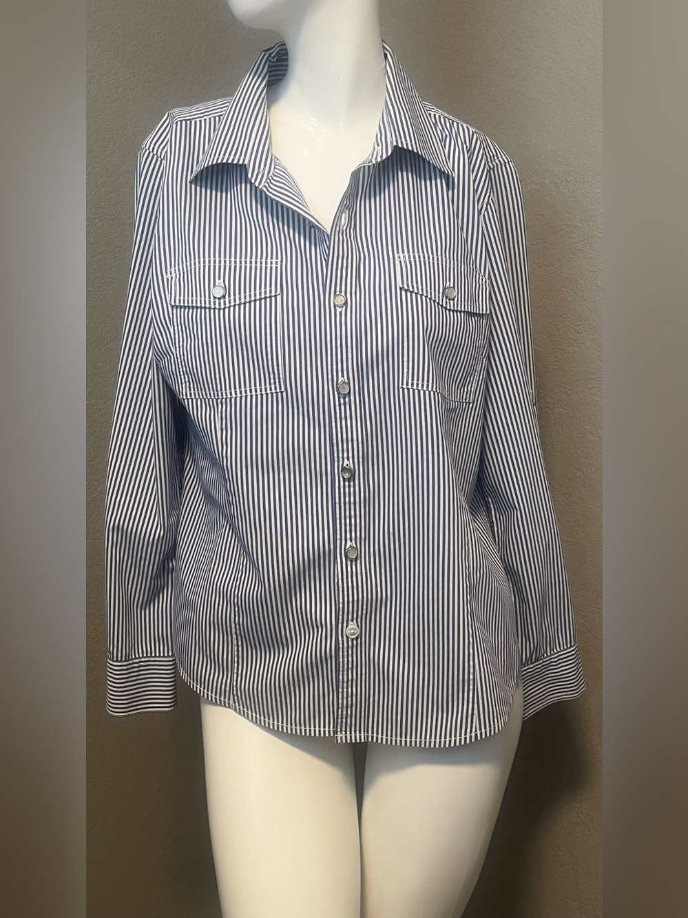 Women’s Petite Michael Kors Navy & White Striped BD  LS Shirt Blouse Size 12P